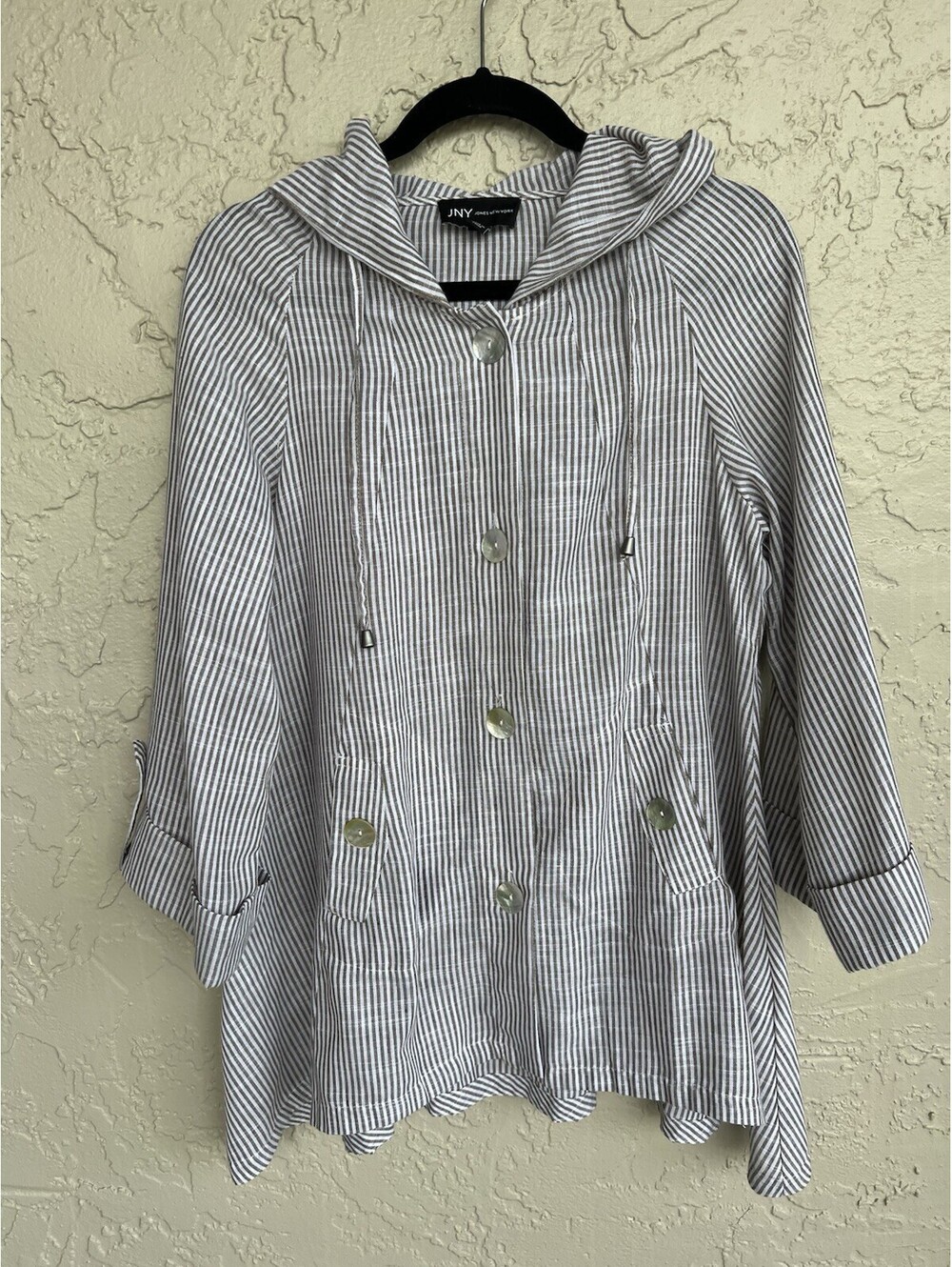 Jones & Co New York Linen Jacket Women's M Beige Striped Hooded  Pockets Beachy